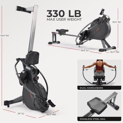 Sunny Health & Fitness Magnetic Rowing Machine with Extended Slide Rail, Full-Body Workout, Low-Impact, Innovative Full Motion or Premium Water Motion and Optional Exclusive Free SunnyFit App