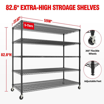 ActiveTrail 82.6" H x 59" W Storage Rack with Wheels, 5-Tier Heavy-Duty Wire Shelving Unit, Adjustable Shelves, Supports up to 3300 LBS, Ideal for Garage, Kitchen, Pantry, and Home Organization