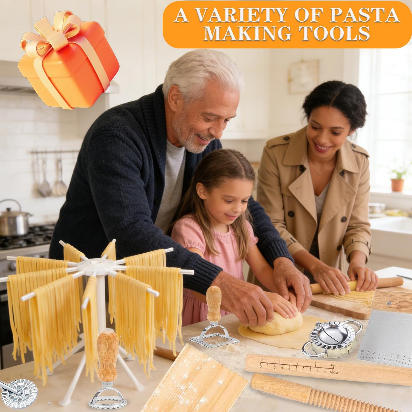 10pcs Pasta Making Tools, Wood Pasta Making Kit with Pasta Drying Rack,Rolling Pins,Gnocchi Board,Dough Cutter,Ravioli Cutter,Pasta Stamps,Making Dumplings .Pasta Making Accessories for Home
