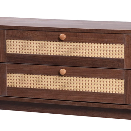 Ball & Cast TV Stand for TVs up to 75",Modern Entertainment Center with 2 Sliding Doors and 2 Rattan Drawers,TV Media Console w/Storage Cabinets and Solid Wood Legs for Living Room,Natural+Brown