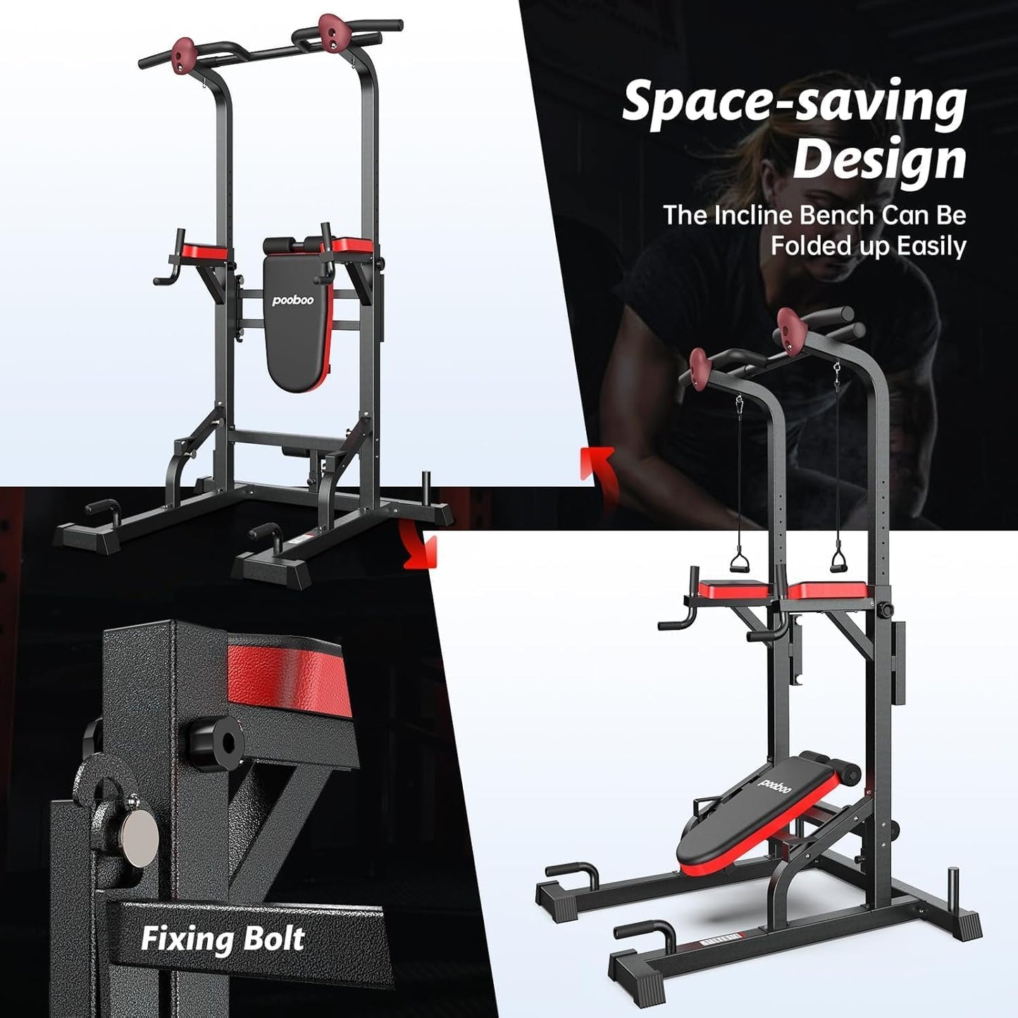 Power Tower Dip Station Pull Up Bar for Fitness Home Gym Workout,Multi-Function Adjustable Height Fitness Strength Training Exercise Equipment,with Power Elastic Ropes