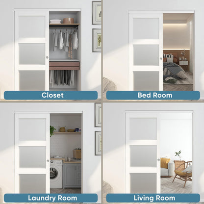 JUBEST Sliding Closet Door 60"(Double 31") x 80", 3-Lite Frosted Glass Bypass Door with Hardware Kit & Matching Fascia, Pre-Drilled Solid Wood Slab with Water-Proof PVC Surface, Easy to Install, White