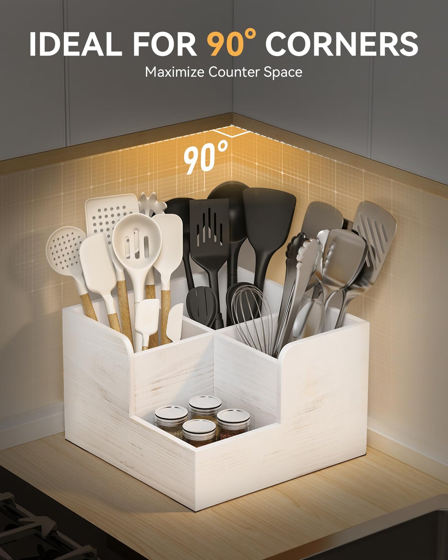 Yofidra Kitchen Utensil Holder with Stone Drying Mats, 4 Compartments Corner Utensil Holder for Kitchen Countertop, Extra Large Silverware Organizer (White)