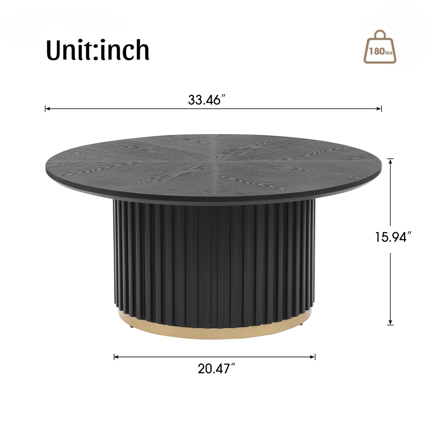 Christopher Knight Home Modern Round Coffee Table 33.46" Fluted Pedestal Base Sculptural Accent Table with Ash Veneer Top and Gold Metal Detail for Living Room Lounge and Minimalist Interiors, Black