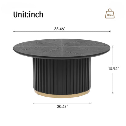 Christopher Knight Home Modern Round Coffee Table 33.46" Fluted Pedestal Base Sculptural Accent Table with Ash Veneer Top and Gold Metal Detail for Living Room Lounge and Minimalist Interiors, Black