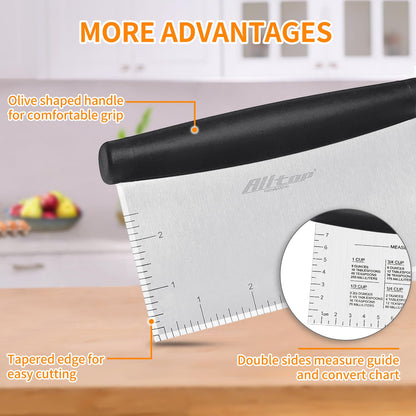 ALLTOP Bench Scraper & Chopper for Kitchen - Ideal Baking Essential Utensil,Stainless Steel Pastry/Dough/Food Cutter Tool for Cake Pizza Bread,Cooking - 1 Pack,Black