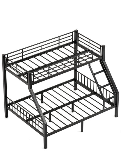 Mixcous Twin XL Over Queen Bunk Bed for Adults, Heavy Duty Metal Bunk Beds with Safety Guardrails & EVA Padded Ladder, Twin XL Over Queen Bunk Beds Frame with Noise-Free Slats, Space-Saving(Black)