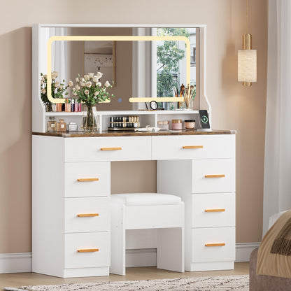 GAOMON Makeup Vanity Desk with Large Lighted Mirror, Vanity Desk with Glass Tabletop, 8 Drawers & 3 Storage Shelves, Vanity Set with Built-in Power Outlet for Bedroom & Dressing Area, White & Rustic