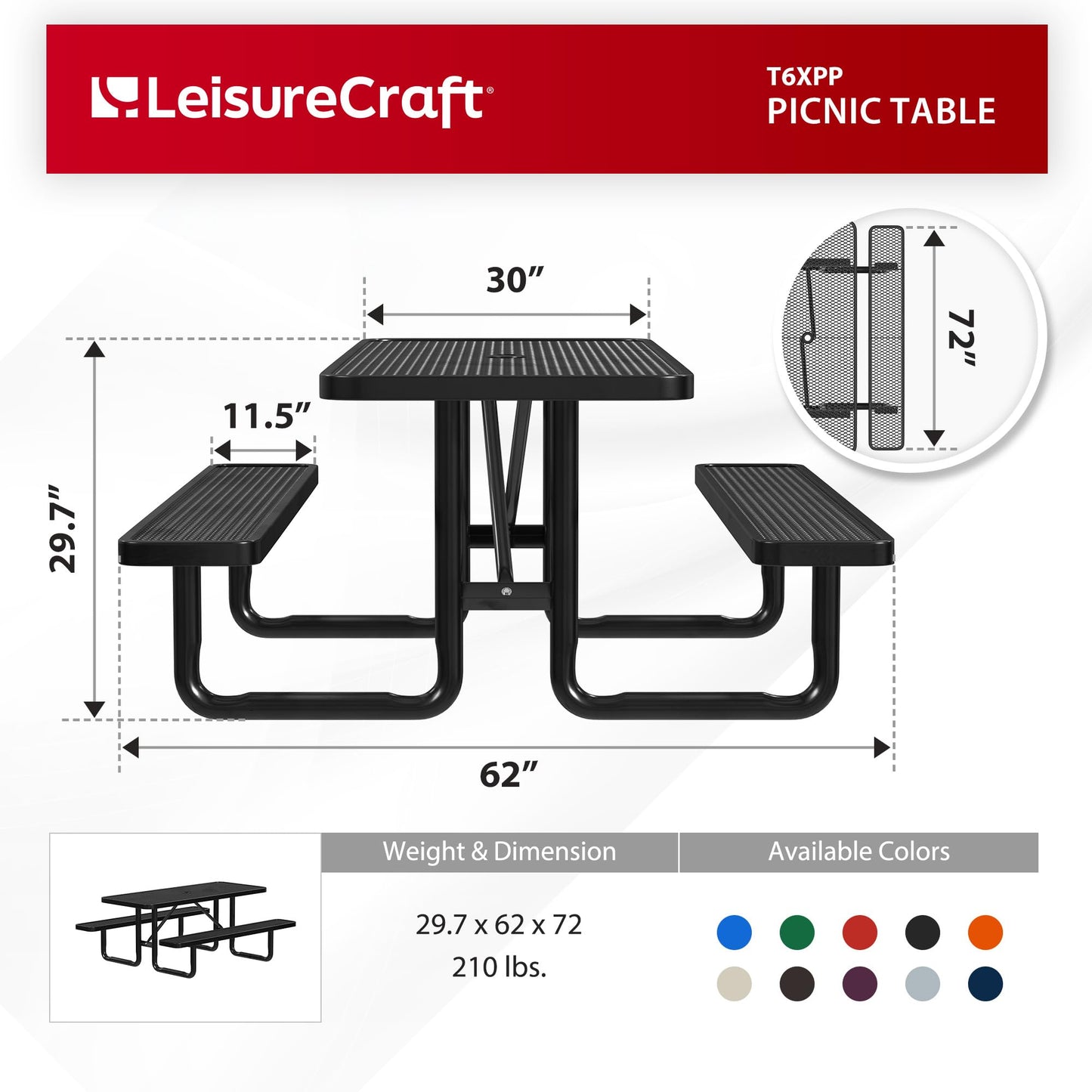 Leisure Craft Metal Picnic Table with Bench - 6 ft Rectangle Outdoor Dining Table for 6, Umbrella Hole, Weatherproof Heavy Duty Thermoplastic Coating, Commercial Grade Furniture Made in USA - Black