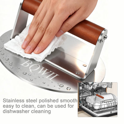 BQWII 6.3inch Burger Press, Round Stainless Steel Meat Patty Pressing Tool, Suitable for Burger Patties, Steaks, BBQ, Bacon,Baking, Grill Press with Wood Handle