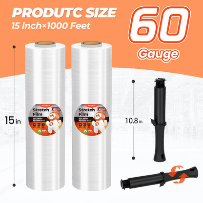 MUNBYN Shrink Wrap, Stretch Wrap with Handles, Stretch Film Roll Industrial Strength, Plastic Wrap for Pallet Wrapping Shipping Moving, 15 Inch x 1000 Ft, 2 Pack, 60 Gauge
