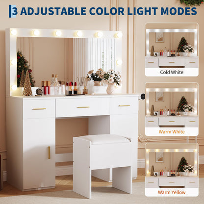 IDEALHOUSE Makeup Vanity Desk with Mirror and Lights, Modern White Vanity Table with Drawers, Charging Station & Storage Stool, Wood Make Up Vanity Set for Bedroom Apartment