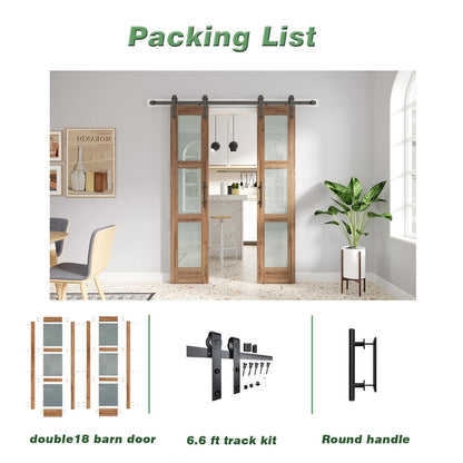 FREDBECK Double 18 x 84 inch Glass Barn Doors 36inch Barn Door with 6.6FT Hardware Kit & Handle Included,3-Panel Frosted Glass,LVL Wood Panel,Water-Proof PVC Surface,Pre-Drilled Holes,Need Assembly