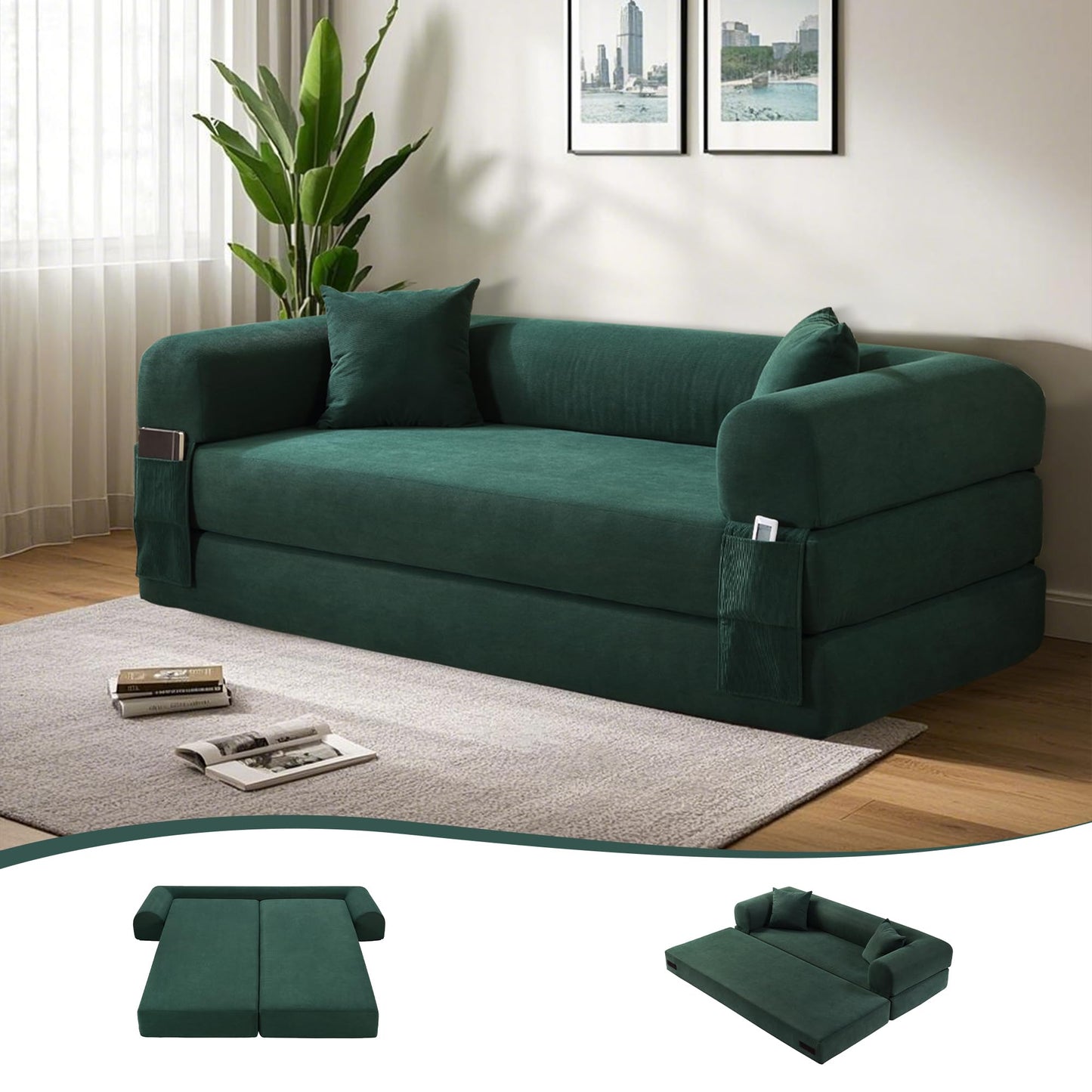 80" Convertible Sofa Bed, 3-in-1 Corduroy Folding Pull Out Couch with Pillows, No Assembly Modern Boneless Couch Compression Sofa in Box, Floor Sofa with Side Storage Pocket for Living Room,Dark Green