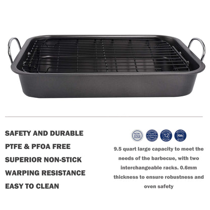 kitCom Nonstick Roasting Pan, Roaster with Rack - 16 Inch Rectangular Grill Suitable for Turkey, Roast Chicken, Ham, Dishwasher Safe (9.5QT)