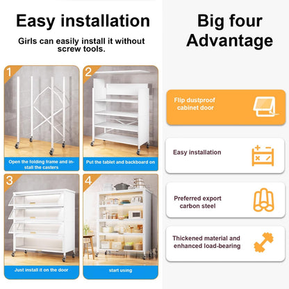 LMMIAMZ Foldable Microwave Stand with Flip Door Rolling Kitchen Storage Shelf & Bakery Cart on Wheels Space-Saving Oven Rack for Easy nization & Storage Solutions