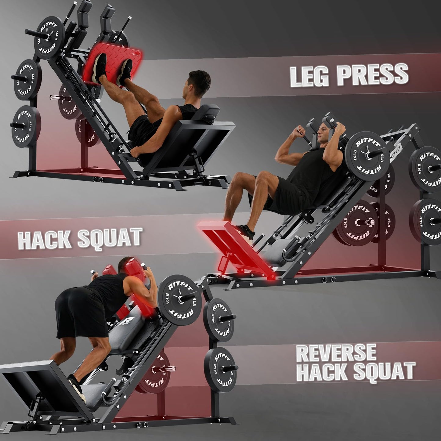 RitFit Gazelle Pro 3 in 1 Leg Press and Hack Squat Machine - High-Tensile Steel Leg Press Machine, 2000lbs Capacity, Adjustable Angles with Weight Storage (Black (with Pull up Band))