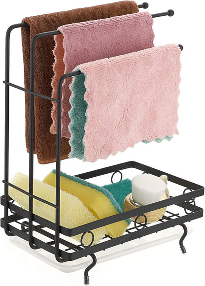 JUXYES Kitchen Sink Caddy Sponge Holder with Dishcloth Drying Rack, Storage Organizer for Kitchen Countertop, Black