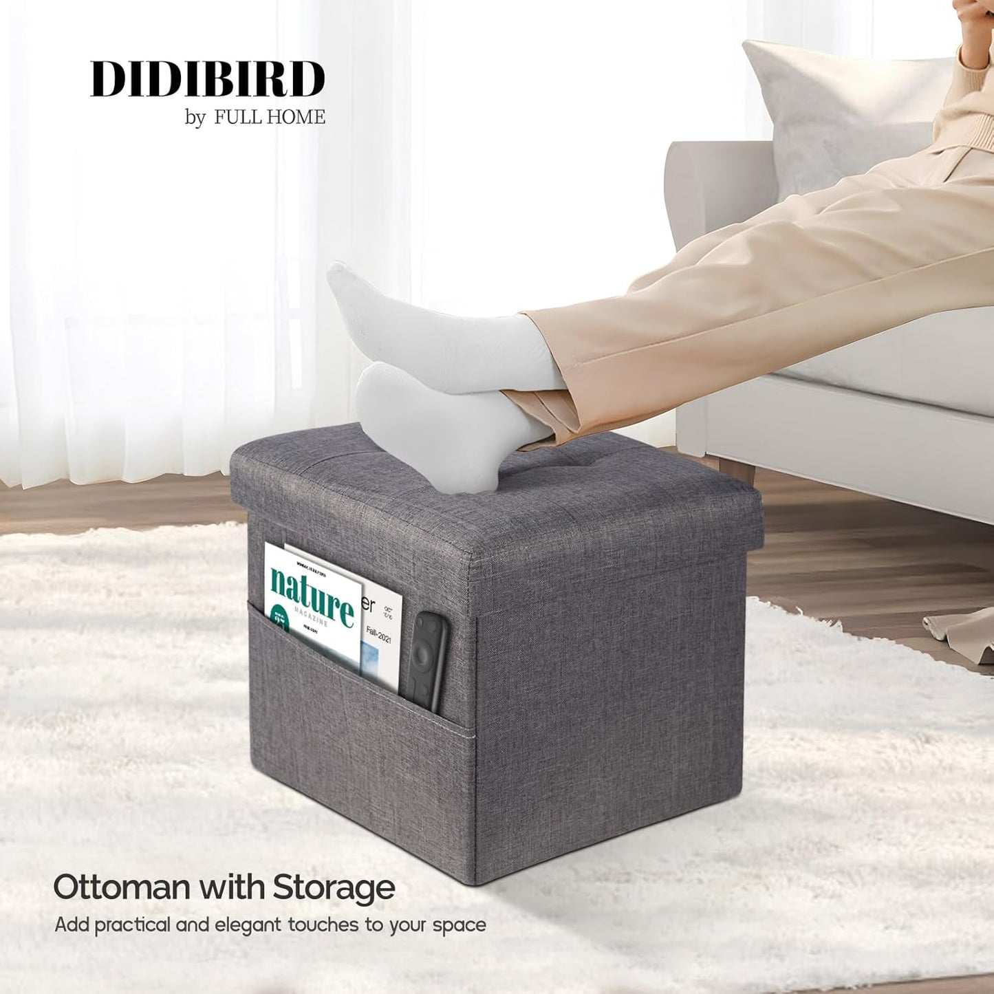 DIDIBIRD Room,Bedroom,Office,Dorm,287 lb Capacity,17x13x13in,Grey Storage Ottoman,Folding Ottomans with Storage,Linen