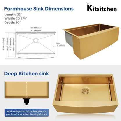 Kitsitchen Gold Farmhouse Kitchen Sink,16 Gauge 304S Stainless Steel Farm Sinks, 33"x20"x10" Large and Deep Apron Front Single Bowl Workstation Sinks with Accessories