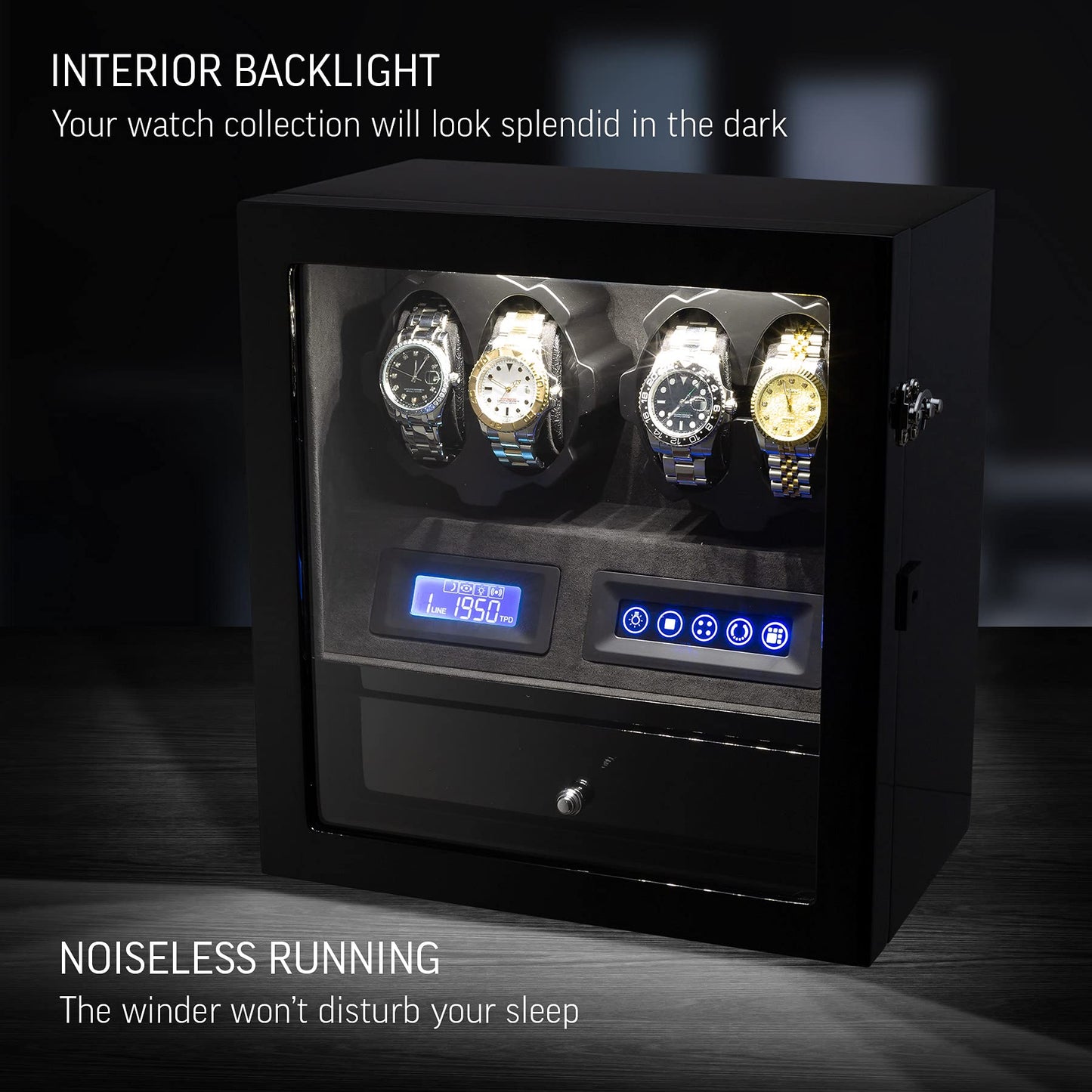 4 Watch Winder with 5 Watch Storage Space, LCD Display, Touch Control and Interior Light (Black + Black)
