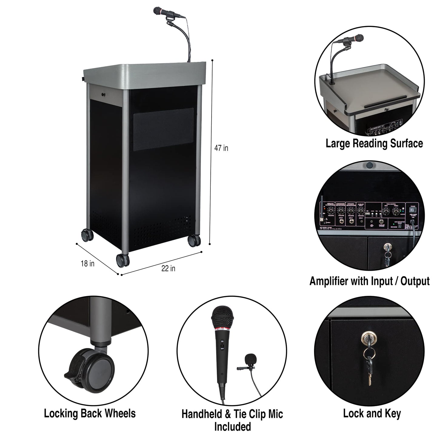 OEF Furnishings CoreSound Media Series Floor-Standing Mobile Lectern (No Microphone, AC Powered, Charcoal Finish)