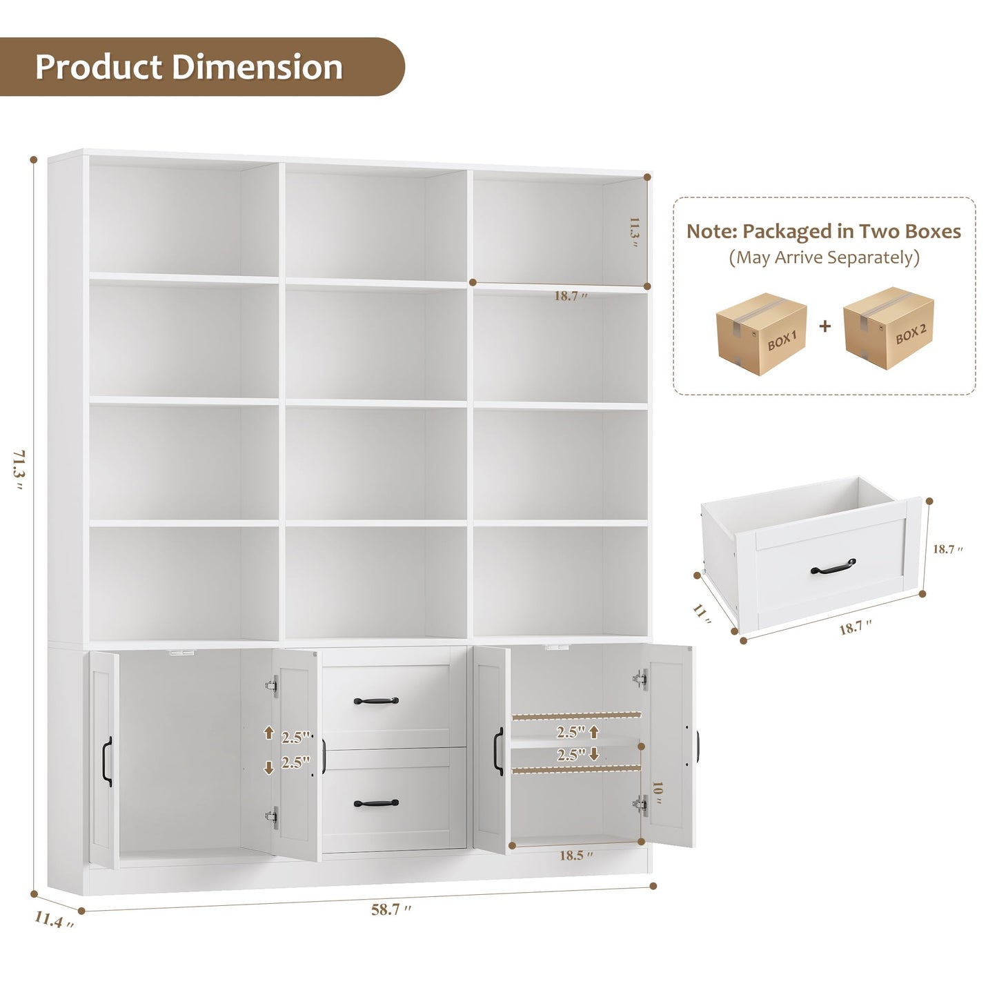 HOSTACK 71" Tall Triple Wide Bookshelf with Doors & Drawers, Modern Wood Bookcase for Storage, 6-Tier Large Bookcase with Display Shelves, Space-Saving Bookshelf for Living Room, Home Office, White