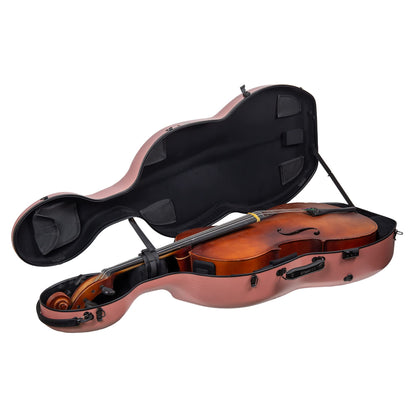 Crossrock 4/4 Cello Case with Wheels – Matte Rose Gold Poly Carbon Shell, Black Velvet Interior, Ergonomic Handles, Music Pouch – Everyday Protection Series
