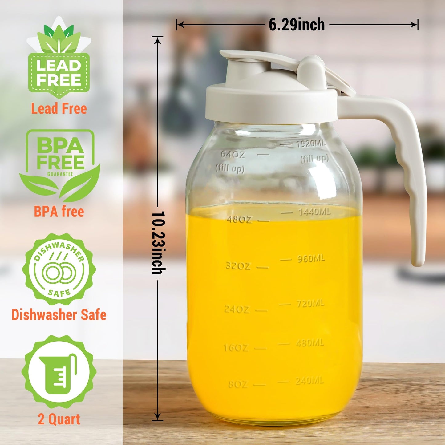 YORY 2 Quart Glass Pitcher with Filter Lid Airtight Cold Water Jug for Lemonade Tea Juice Milk Iced Coffee Fruit Drinks Airtight,64 oz