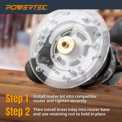 POWERTEC Solid Brass Inlay Kit with 1/8" Downcut Spiral Router Bit 1/4" Shank, Router Bushing Guide, Collar, and Centering Pin - Compatible w/ 1/4" Templates for Woodworking
