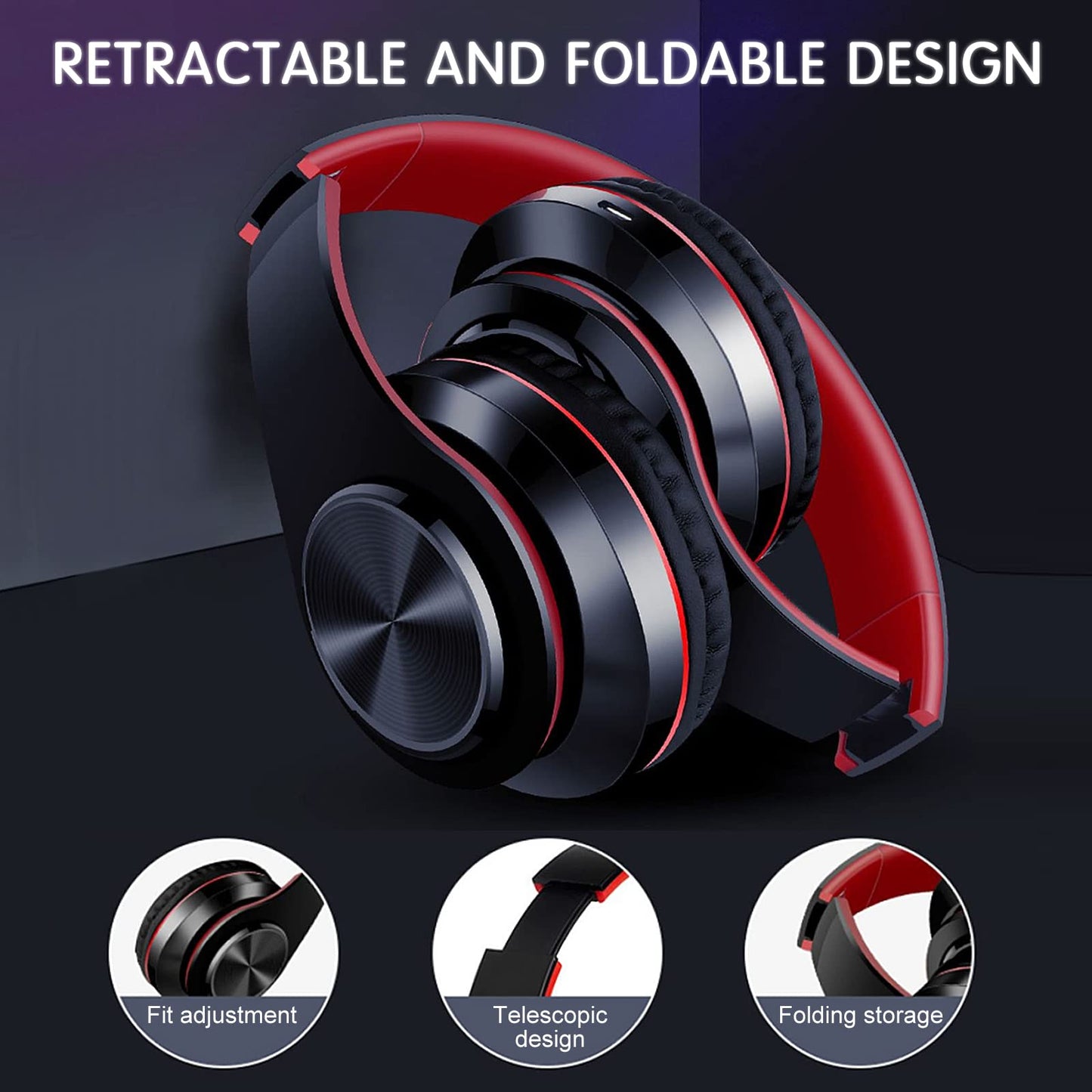 YTYC Bluetooth Headphones Over Ear Headphones with Deep Bass LED Foldable Stereo Headphones, Wired and Wireless Headset for Smart Phone/TV/PC(Red/Black)