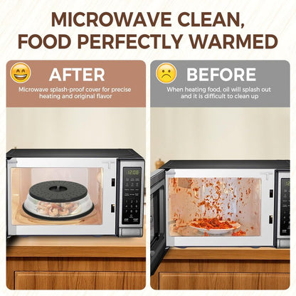 WENWELL 12 Inchs Microwave Splatter Cover & Silicone Mat, Large Vented Collapsible Guard dish Plate lid & Round Kitchen mat for food