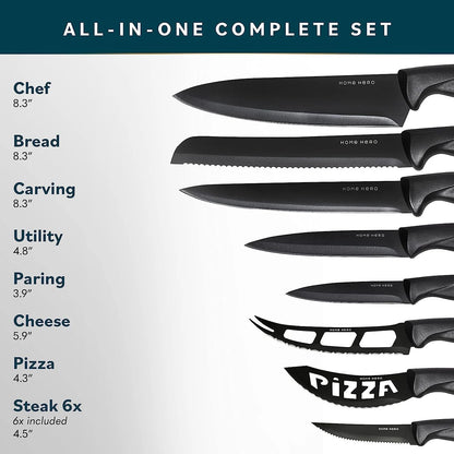 Home Hero Kitchen Knife Set - Wooden Knife Block Organizer - High Carbon Stainless Steel Blades - Ergonomic Handles with Built-In Sharpener & Kitchen Scissors - 16 Pcs, Acrylic Black