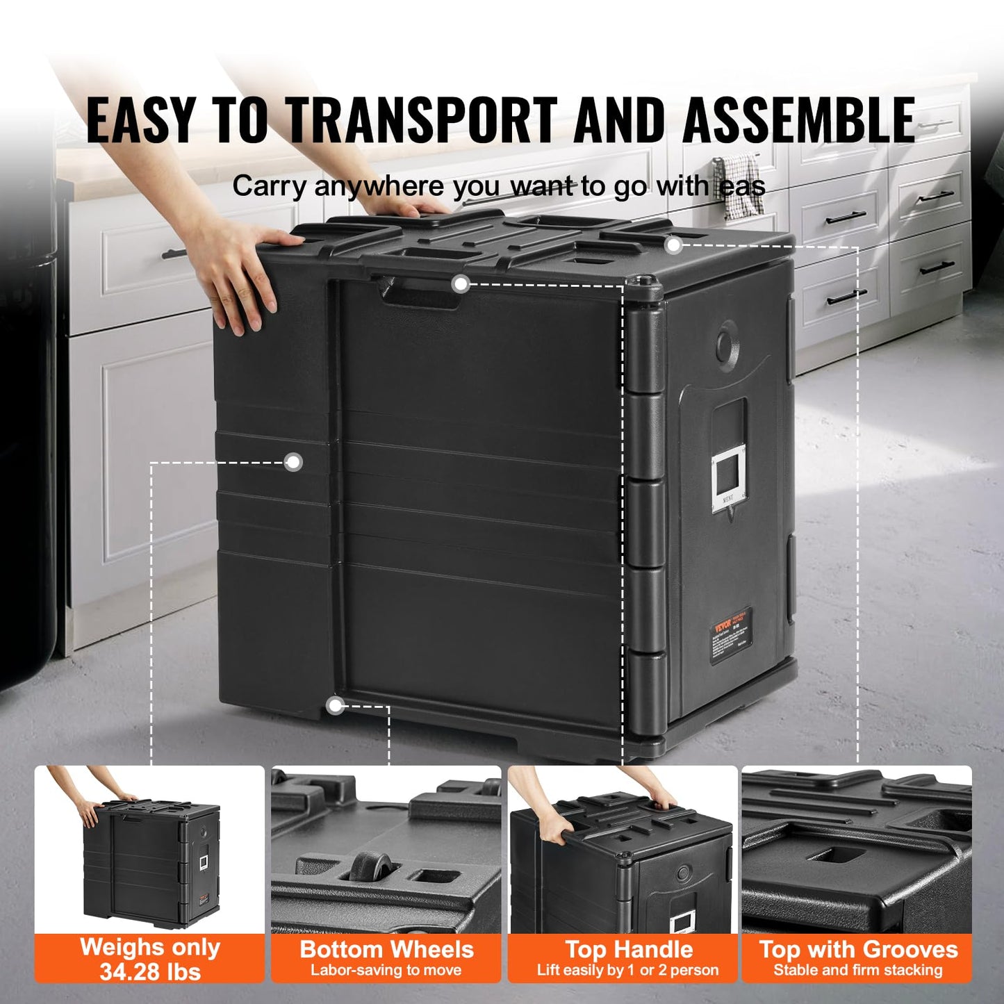 VEVOR Insulated Food Pan Carrier, 95 Qt Hot Box for Catering, LLDPE Food Box Carrier w/Double Buckles, Front Loading Food Warmer w/Handles, Stackable End Loader for Restaurant, Canteen, etc. Black