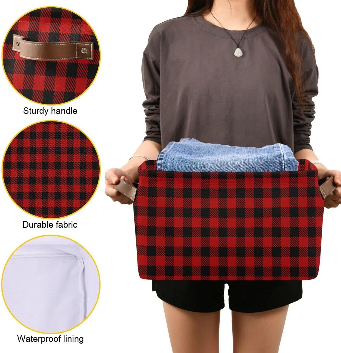 Christmas Red Buffalo Plaid Storage Basket, Fabric Laundry Baskets for Winter Holiday Decorations, 16×12×8 Inches
