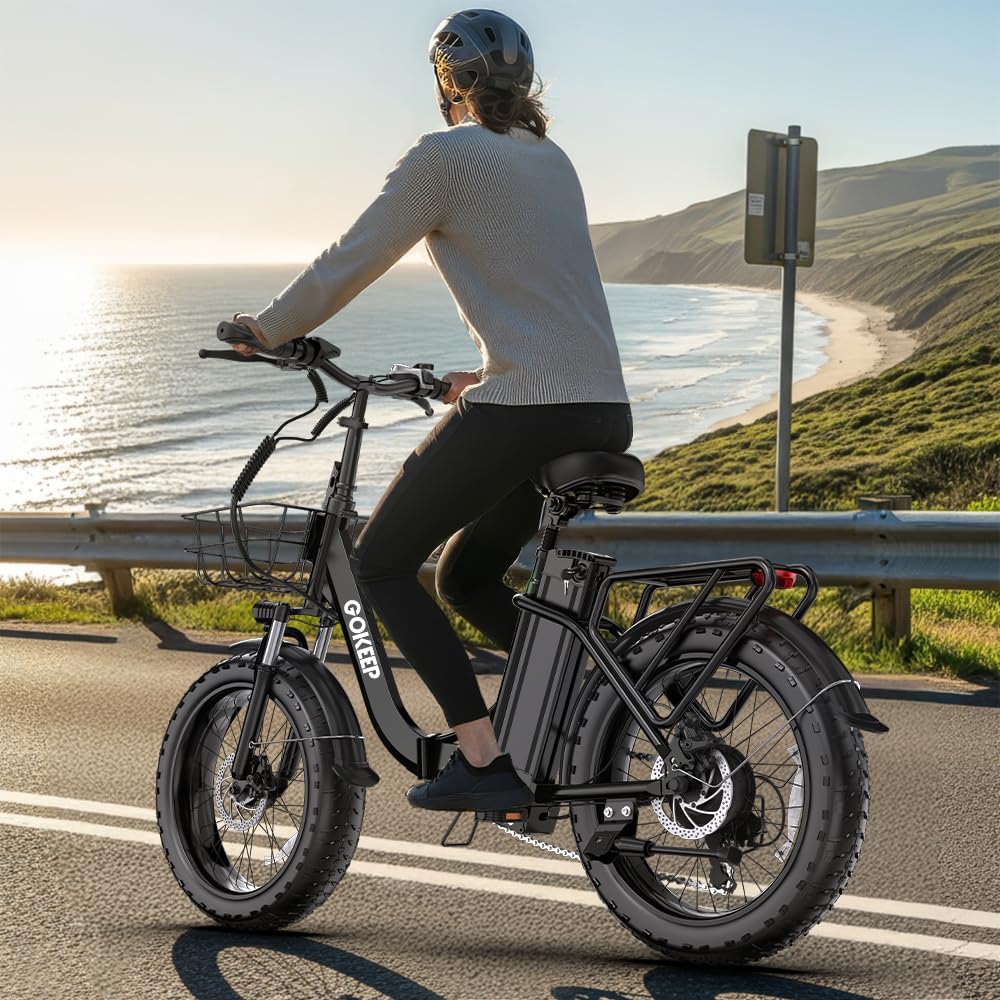 GOKEEP Folding Electric Bike, 1300W Peak Motor, 75 Miles PAS Range, 52V 13Ah Removable Battery, 20" Fat Tire & Front Suspension Electric Bicycles, 20MPH 7-Speed Commuter Ebike, UL2849 Certified, Black