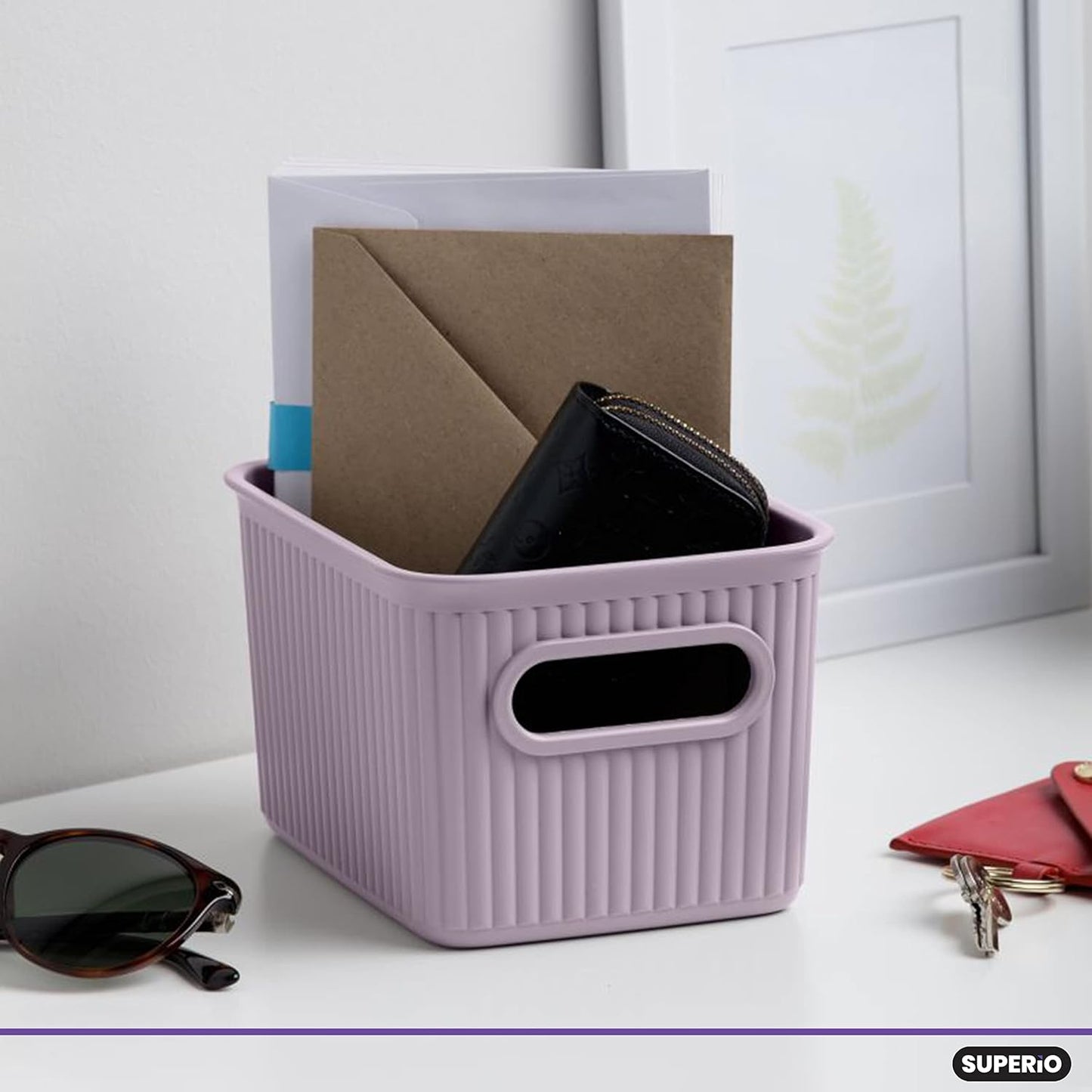 Superio Ribbed Collection - Decorative Plastic Open Storage Bins, Small Lilac Purple (2 Pack) for Organizing Closet