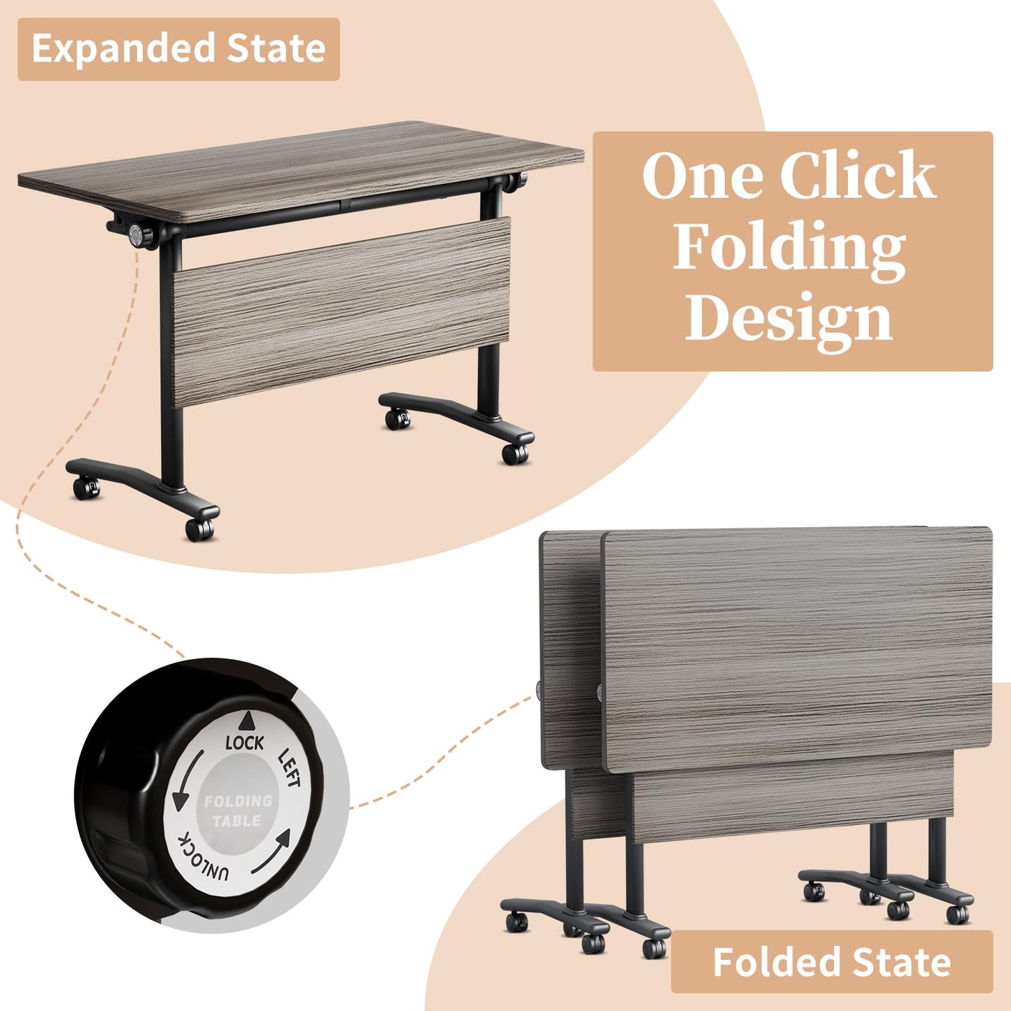 JNMDLAKO Folding Conference Room Table for 6-12 Person, Modular Mobile Large Flip-Top Training Table with Locking Wheels, Modern Rectangular Seminar Meeting Tables for Office (6, Elm, 47.2in)