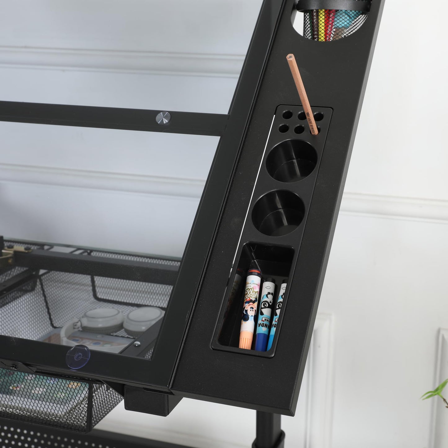 Hand Crank Adjustable Drafting Table Drawing Desk with 2 Metal Drawers (Black) with Stool