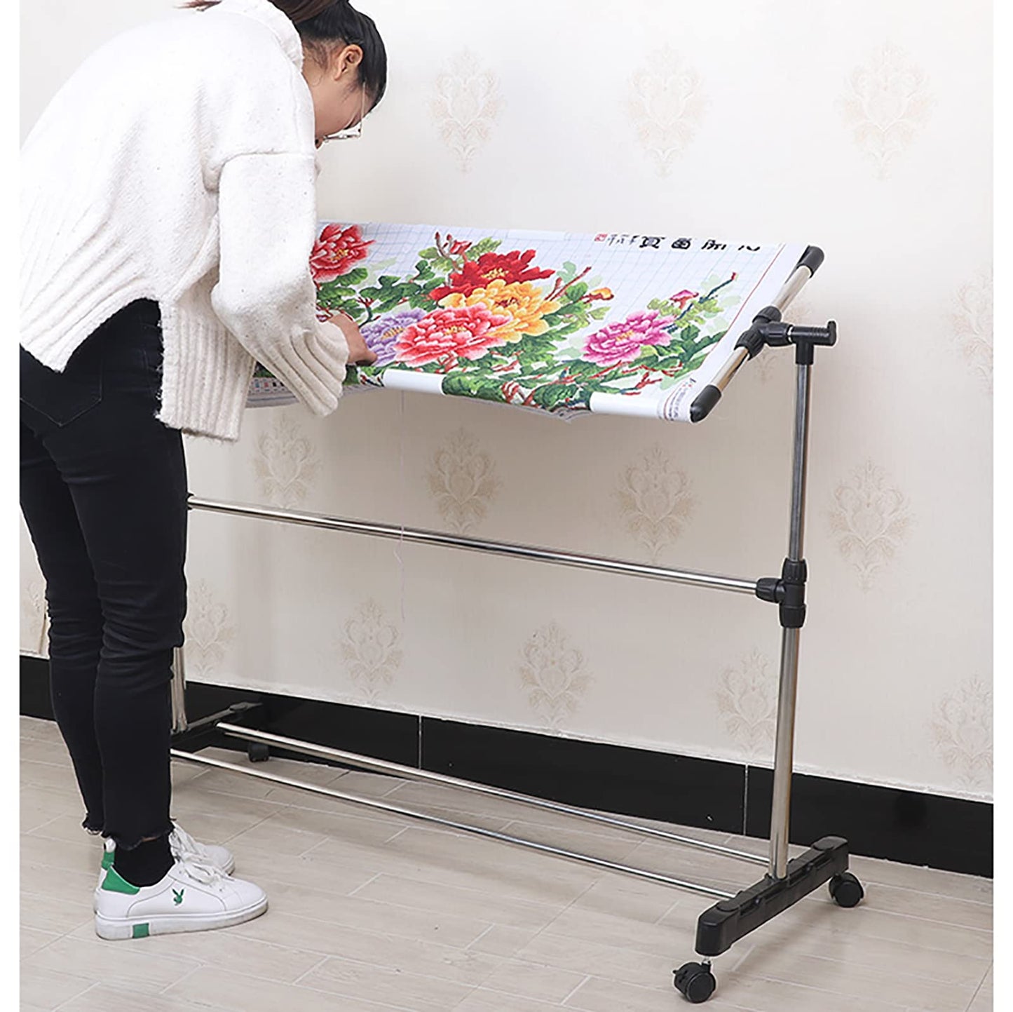 Embroidery Stand with Wheels, Needlework Floor Frame, Height Adjustable Standing Embroidery Lap Table, Stainless Steel Cross Stitch Craft Stand for Art Craft Sewing Holder