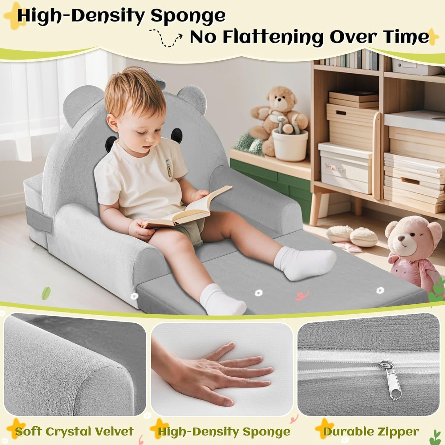 Cozy Kids Sofa Bed with Removable Washable Cover & Magic-Tape Backrest Foldable Toddler Chair Kid Couch, Crystal Velvet