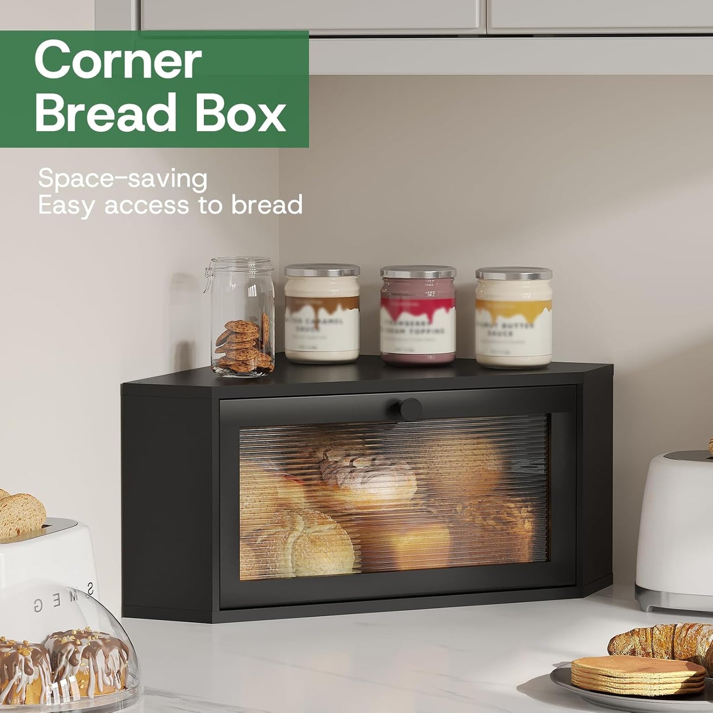 kiplant Countertop Corner Bread Box for Kitchen - Bamboo Wood, Wavy Acrylic Door, Bread Storage Container, Large Bread