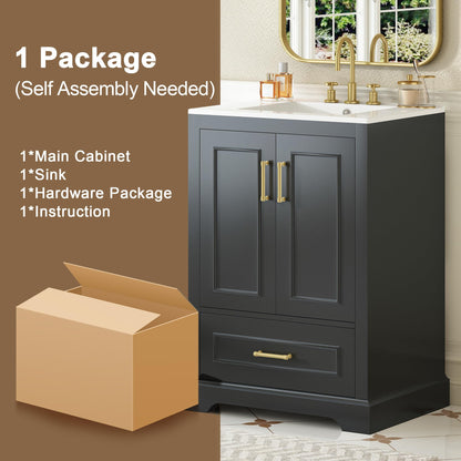 Merax 24" Bathroom Vanity with Sink & 1 Divider Drawer & 2 Soft-Close Doors (Double Shelf on Door), MDF and Solid Wood Frame, Freestanding Vanity Cabinet (Black)
