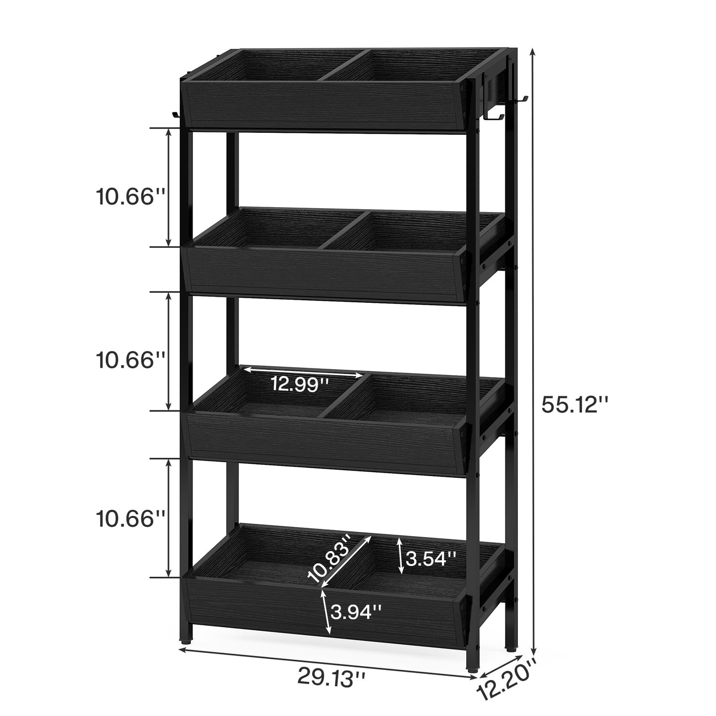Tribesigns Wood Fruit and Vegetable Basket Stand Rack for Kitchen, Office, Store, Supremarket, Pantry Shelf Unit for Snacks, 4-Tier Wooden Utility Storage Shelves Set of 2 (Black)