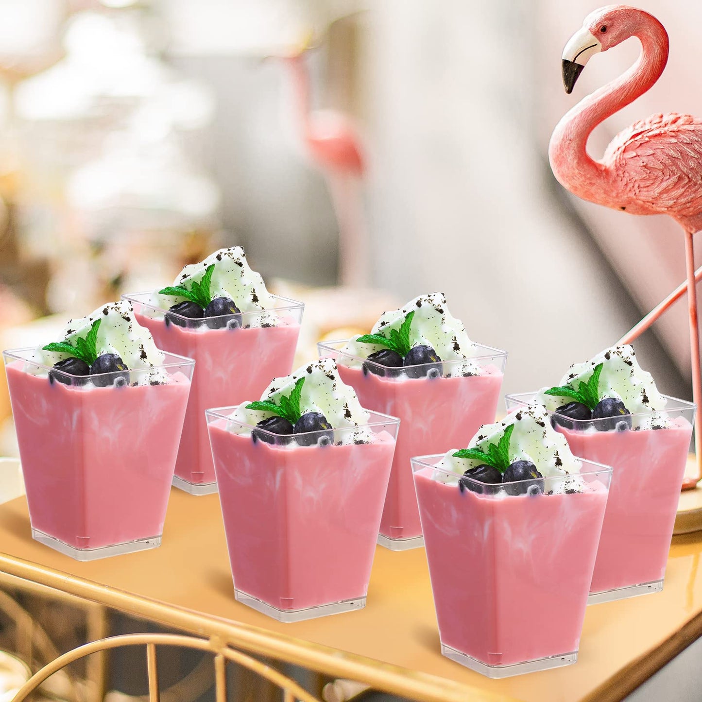 SHOPDAY 5 oz Plastic Dessert Cups 50 Pack Small Clear Square Parfait Cups with Spoons, Mini Plastic Tumbler Serving Cups for Tasting Party Appetizers Mousse Yogurt