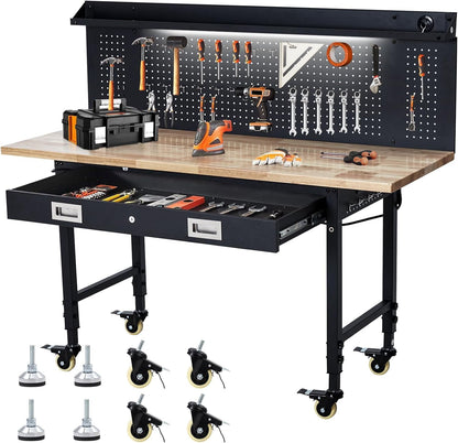 Workbench 60" x 22" Adjustable Height Worktable, Heavy Duty Rubber Wood Top, 2000 LBS Load Capacity, Tool Storage Workstation with Drawer, Pegboard, Power Outlets & Lockable Wheels, with Drawer Back