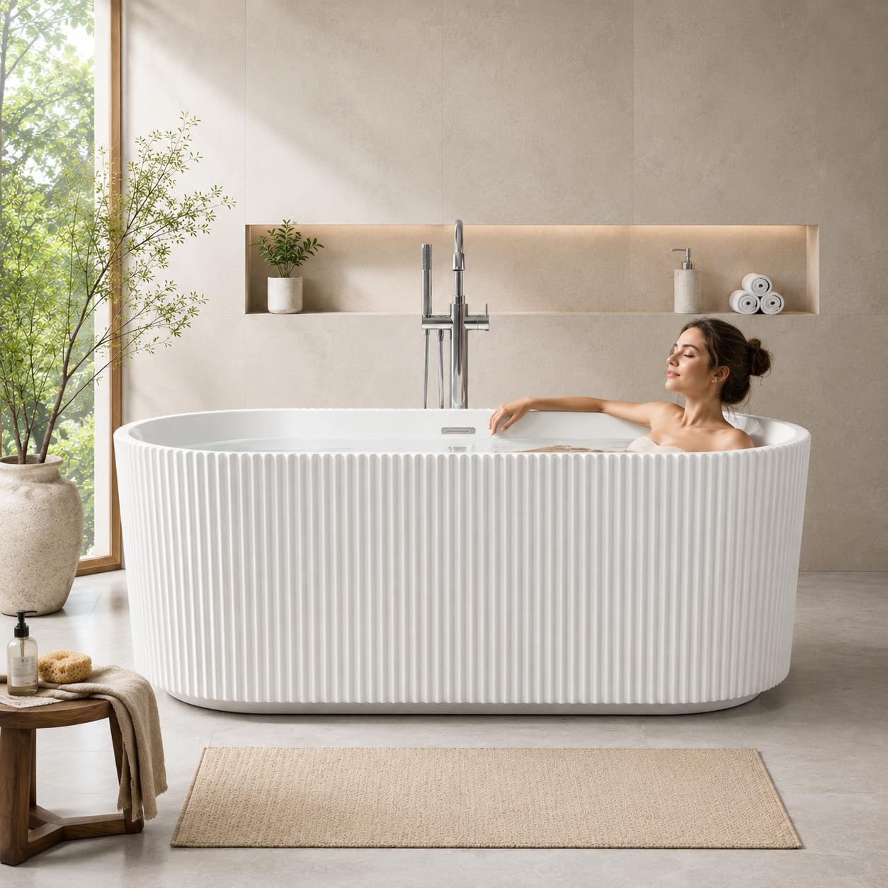 59" Acrylic Freestanding Soaking Bathtub, Deep Ergonomic Design with Lumbar Support, Integrated Overflow Drain, Non-Slip Base,cUPC Certified Modern Bathroom Tub, Easy Installation for Bathroom
