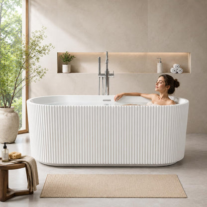 59" Acrylic Freestanding Soaking Bathtub, Deep Ergonomic Design with Lumbar Support, Integrated Overflow Drain, Non-Slip Base,cUPC Certified Modern Bathroom Tub, Easy Installation for Bathroom