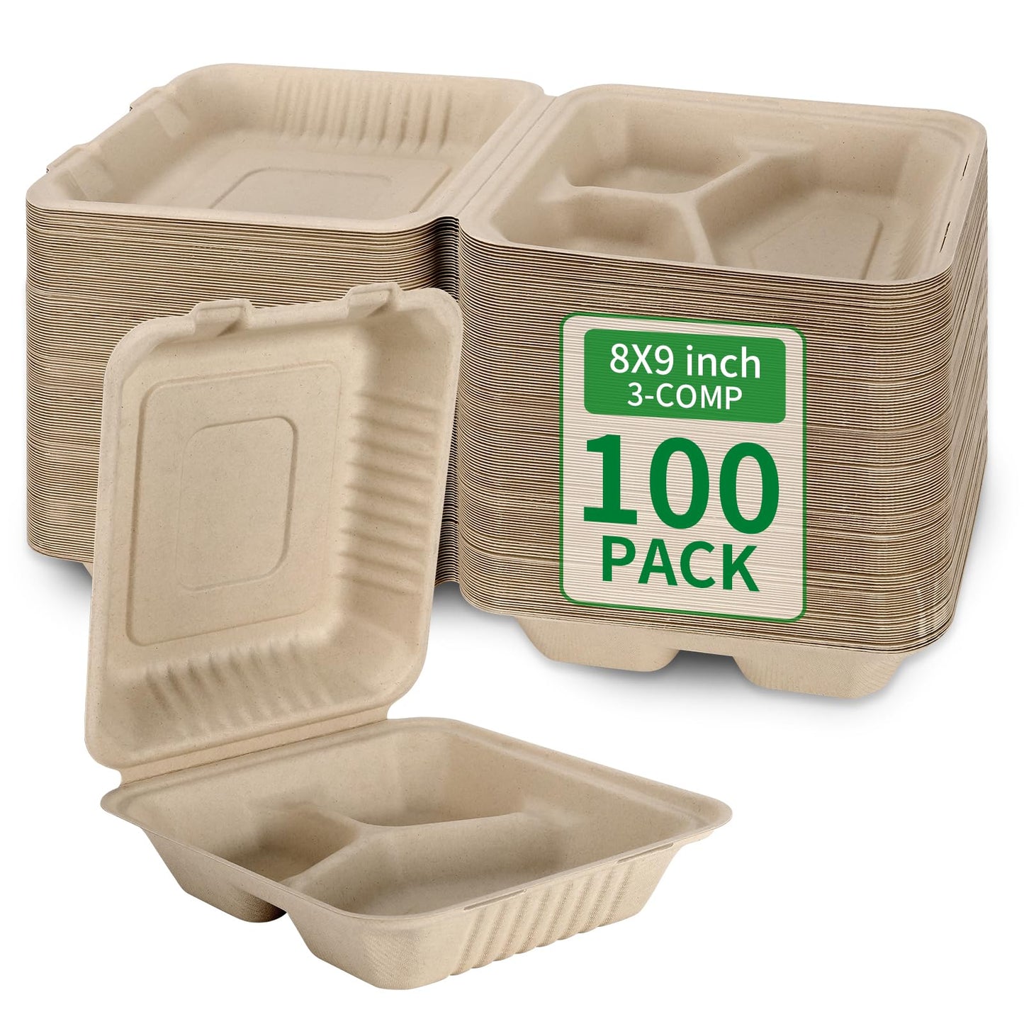 Aricsen 100 Pack 3 Compartment Compostable 8x9 Inch Takeout Lunch Box Containers with Lid To Go Take Out Clamshell for Food, Disposable Eco-Friendly Biodegradable Bagasse, PFAS-Free, Brown