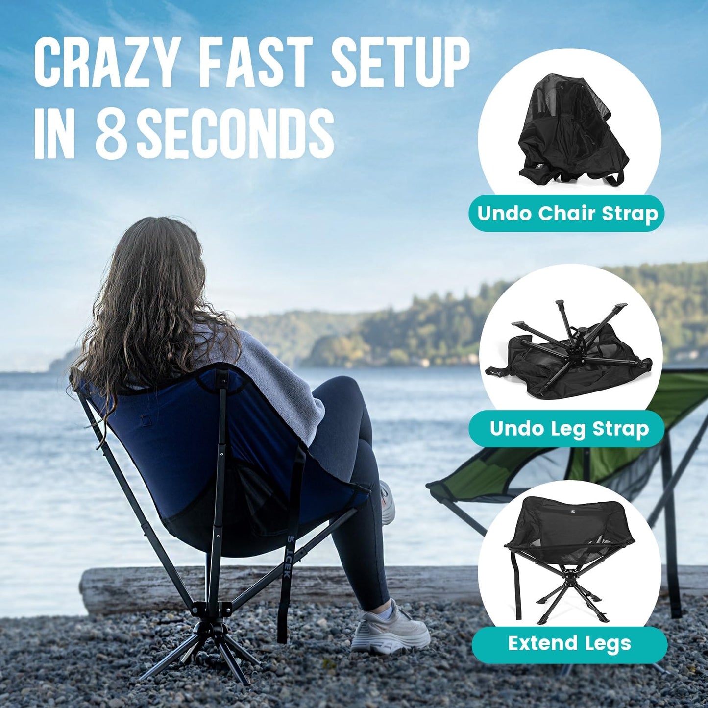 TCEK Swivel Portable Chair - Small Compact Collapsible Folding Chairs for Adults, Setup in 8 Seconds, Lightweight Outdoor Backpack Chair for Camping, Travel, Hiking, Beach, Support 300 LBS